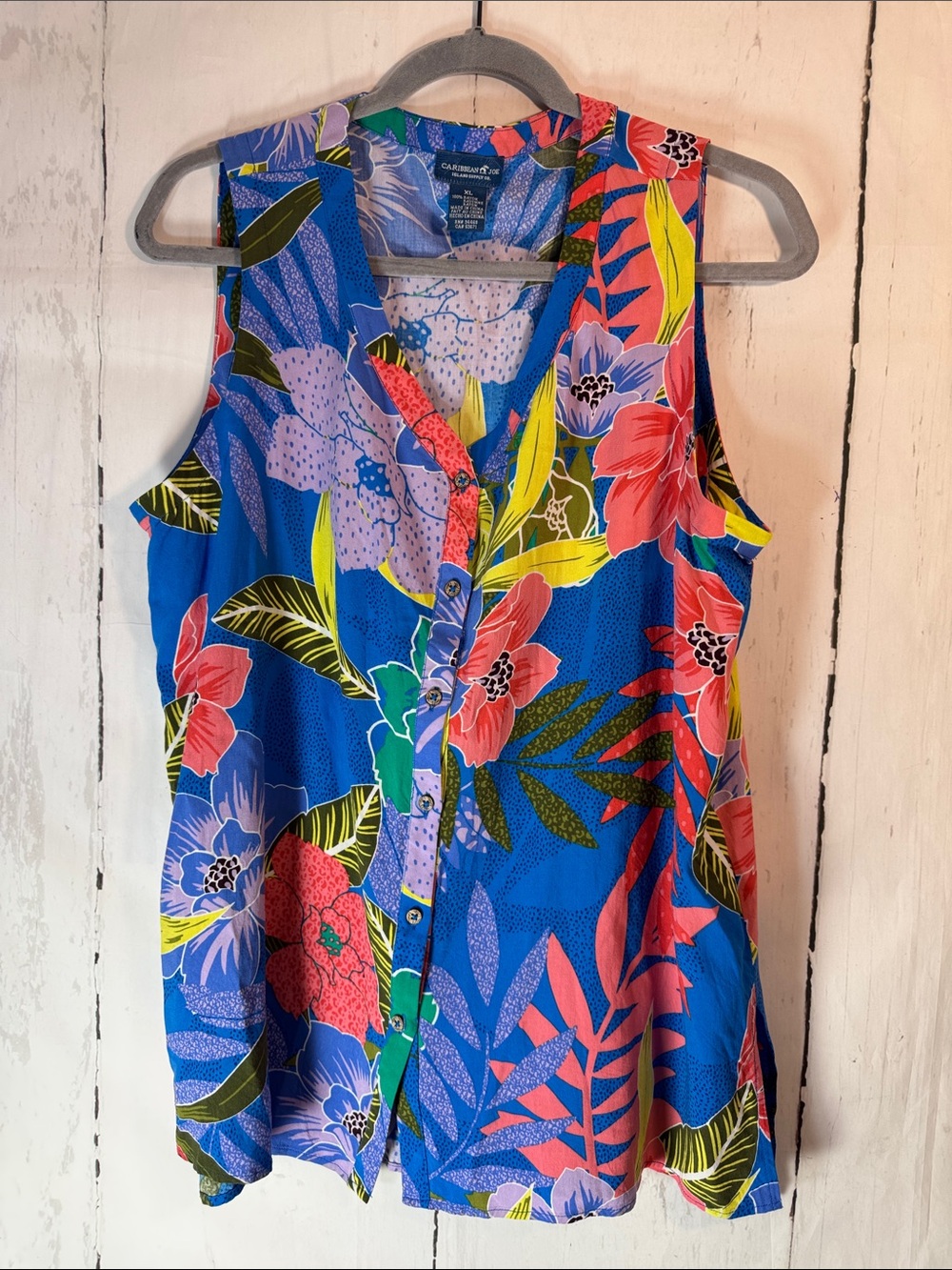 Caribbean Joe Blue Tropical Floral Sleeveless Button-Down Top